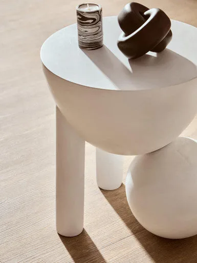 White Mango Wood Round Side Table With Sphere & Semi-Cupped Legs, Walsa