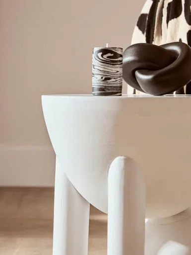 White Mango Wood Round Side Table With Sphere & Semi-Cupped Legs, Walsa