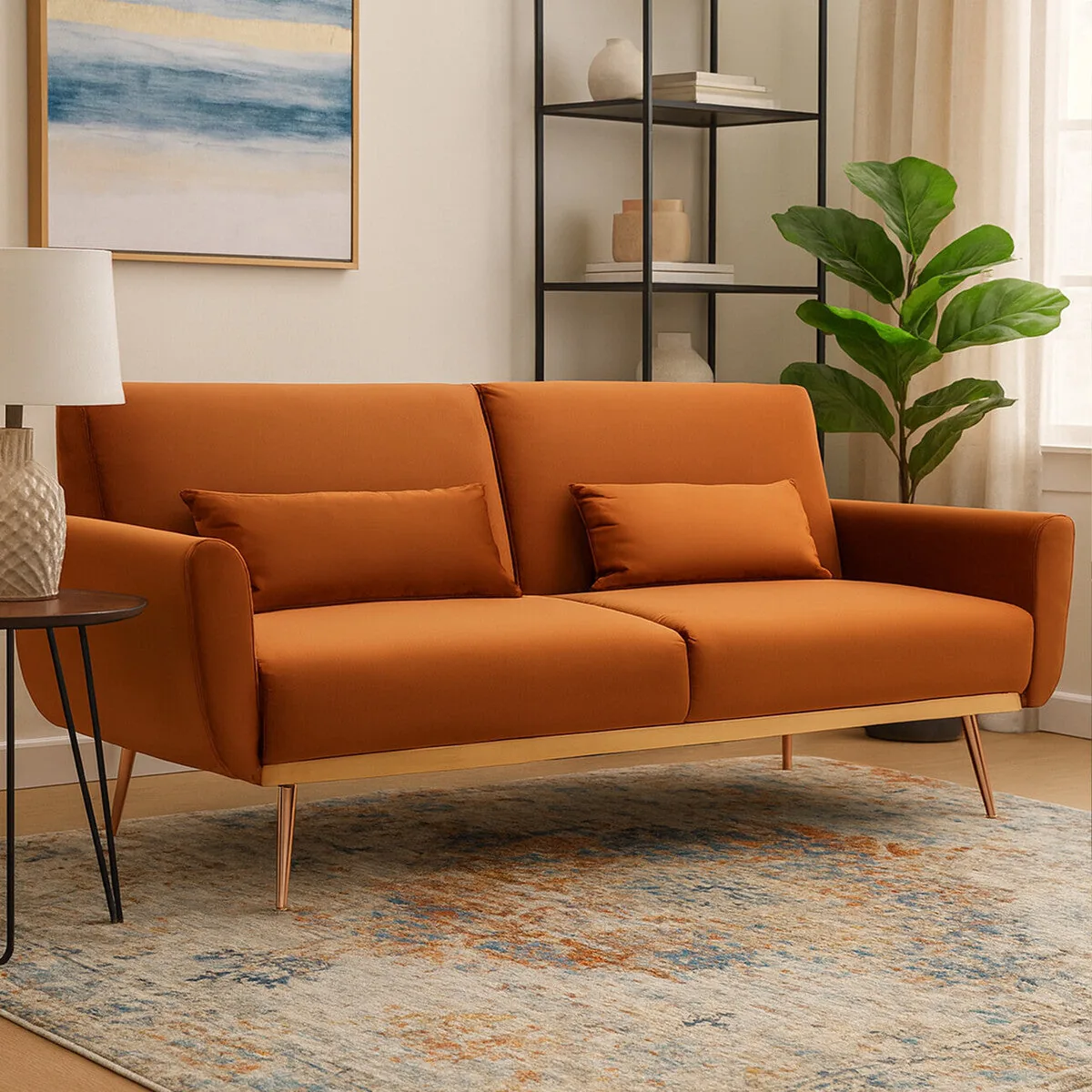 Burnt Orange Velvet Sofa Bed, Hatton