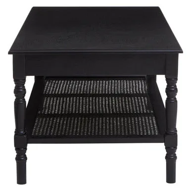 Black Wooden Coffee Table With Cane Webbed Lower Shelf & Carved Spindle Legs, Heritage
