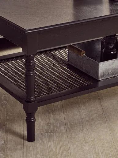 Black Wooden Coffee Table With Cane Webbed Lower Shelf & Carved Spindle Legs, Heritage