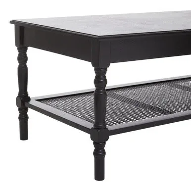 Black Wooden Coffee Table With Cane Webbed Lower Shelf & Carved Spindle Legs, Heritage
