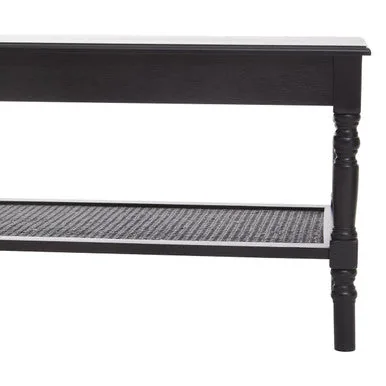 Black Wooden Coffee Table With Cane Webbed Lower Shelf & Carved Spindle Legs, Heritage