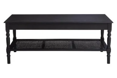 Black Wooden Coffee Table With Cane Webbed Lower Shelf & Carved Spindle Legs, Heritage