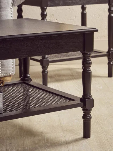 Black Wooden Coffee Table With Cane Webbed Lower Shelf & Carved Spindle Legs, Heritage