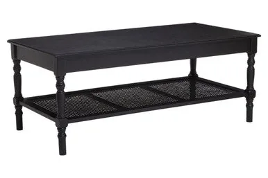 Black Wooden Coffee Table With Cane Webbed Lower Shelf & Carved Spindle Legs, Heritage