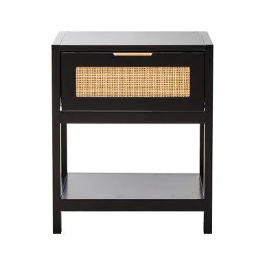 Black Wooden Bedside Table With Natural Rattan 1 Drawer, Sherman