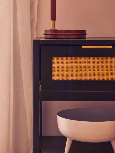 Black Wooden Bedside Table With Natural Rattan 1 Drawer, Sherman