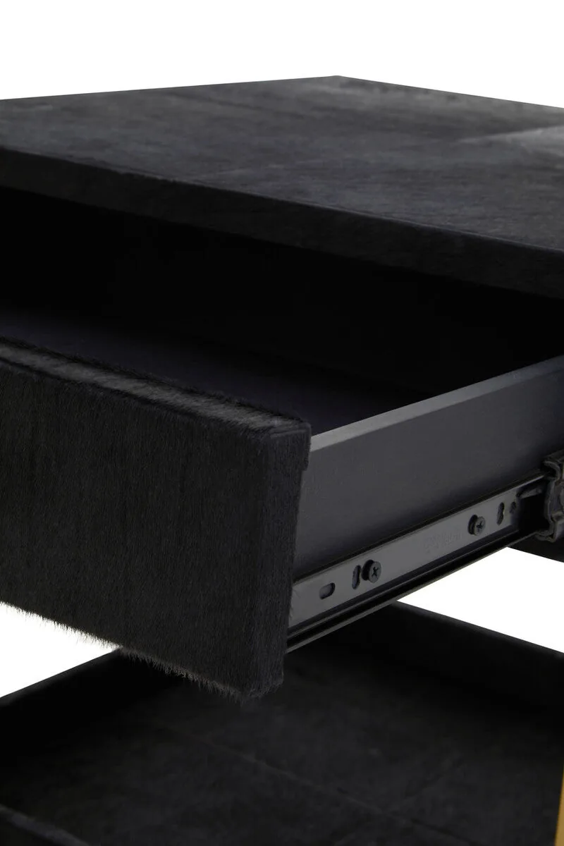 Black Hair-On-Hide Leather Bedside Table With Gold Metal Frame & 1 Drawer, Kensington Townhouse