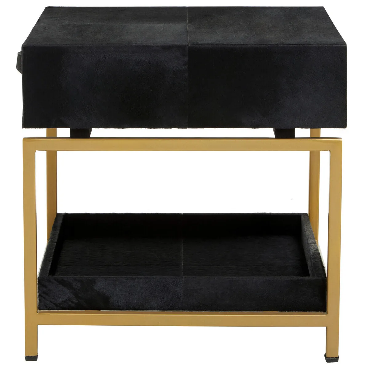 Black Hair-On-Hide Leather Bedside Table With Gold Metal Frame & 1 Drawer, Kensington Townhouse