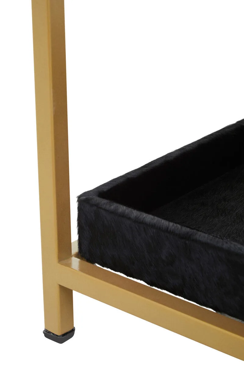 Black Hair-On-Hide Leather Bedside Table With Gold Metal Frame & 1 Drawer, Kensington Townhouse