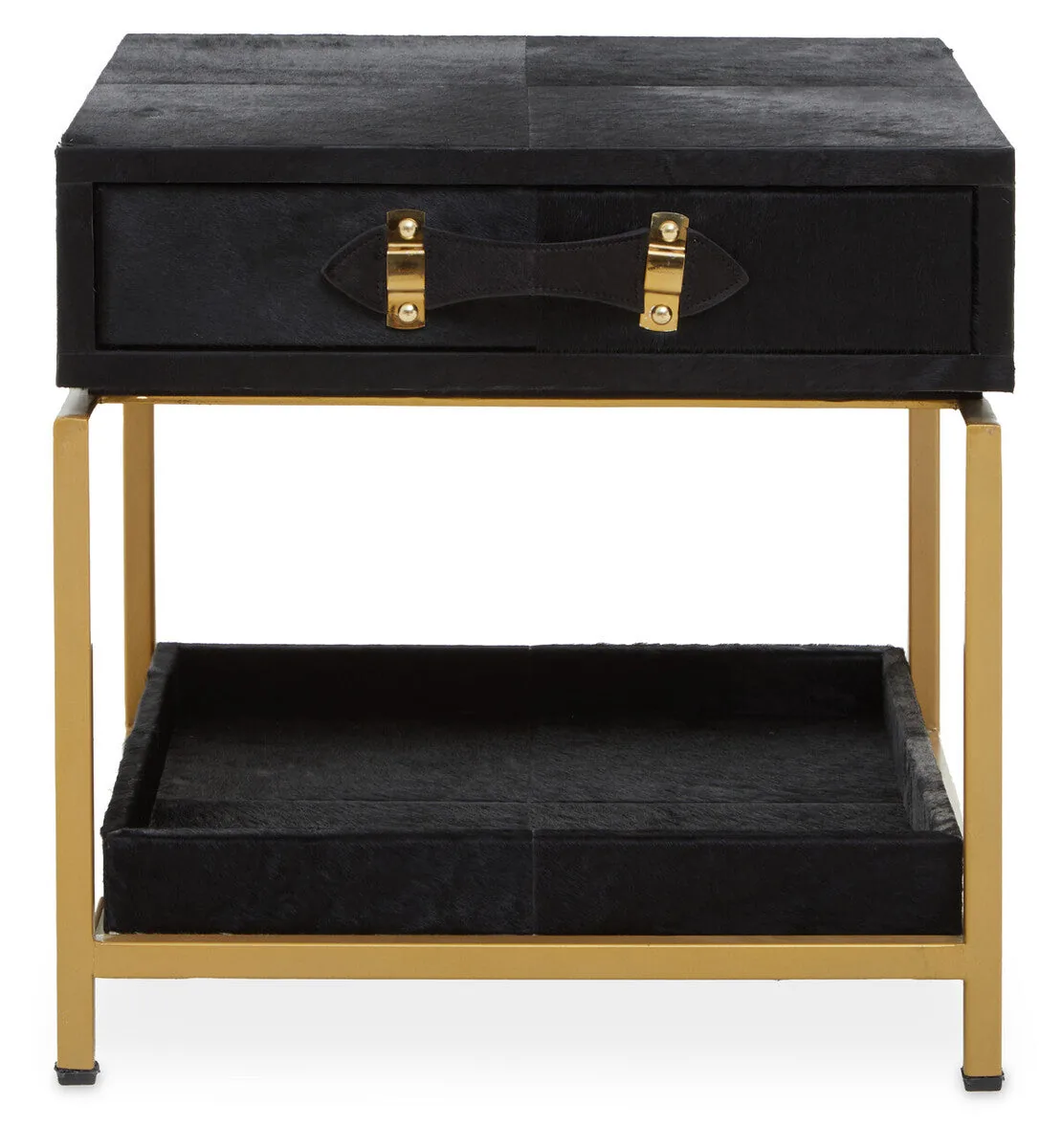 Black Hair-On-Hide Leather Bedside Table With Gold Metal Frame & 1 Drawer, Kensington Townhouse