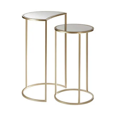 Set Of 2 Art Deco Gold Champagne Base Nesting Side Tables With Mirrored Glass Tops, Avantis