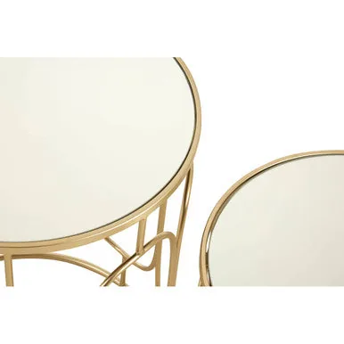 Set Of 2 Mirrored Glass Top Nesting Side Tables With Gold Champagne Metal Frame, Avantis