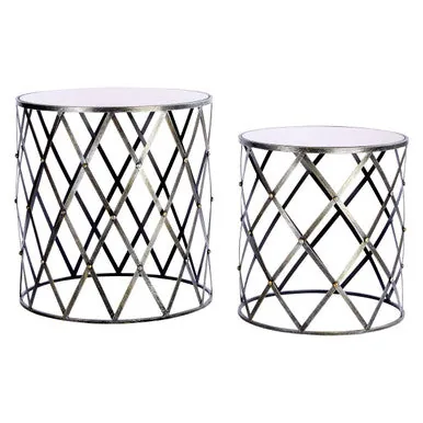 Set Of 2 Diamond Design Silver Frame Side Tables With Round Mirrored Top, Avantis