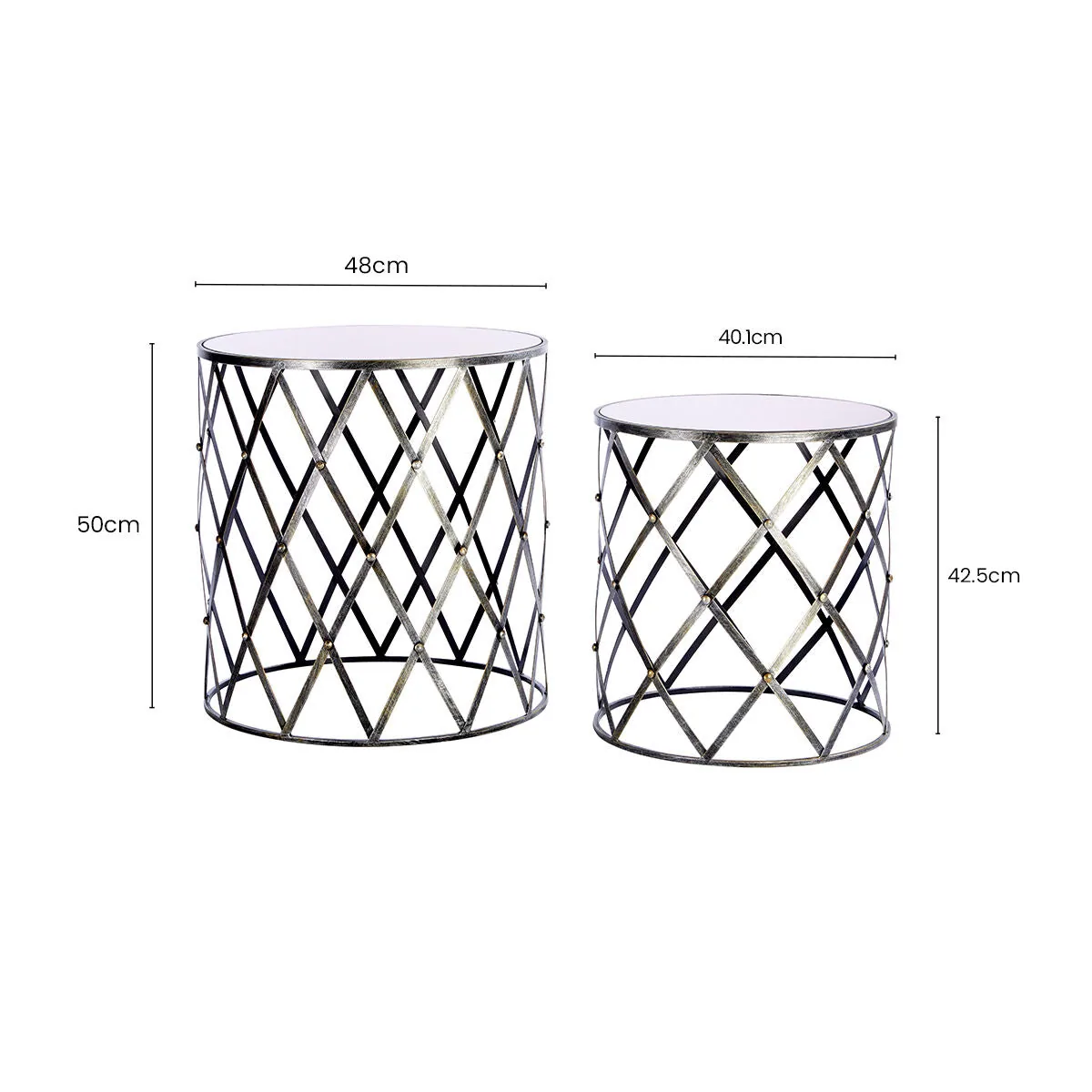 Set Of 2 Diamond Design Silver Frame Side Tables With Round Mirrored Top, Avantis