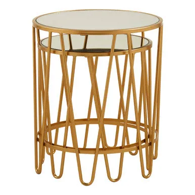 Set Of 2 Mirrored Glass Top Side Tables With Gold Hairpin Legs Rounded Design, Avantis