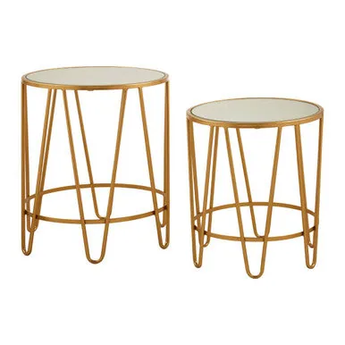 Set Of 2 Mirrored Glass Top Side Tables With Gold Hairpin Legs Rounded Design, Avantis