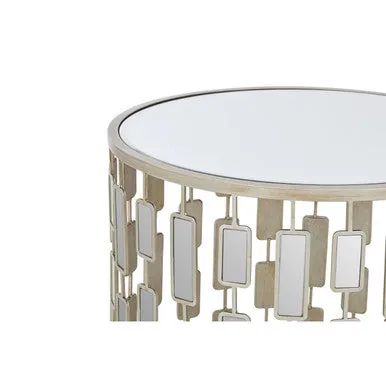 Small Round Mirrored Glass Top Side Table With Champagne Silver Iron Frame, Raina