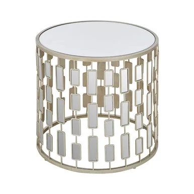Small Round Mirrored Glass Top Side Table With Champagne Silver Iron Frame, Raina