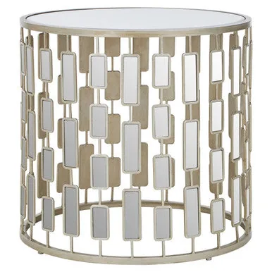 Small Round Mirrored Glass Top Side Table With Champagne Silver Iron Frame, Raina