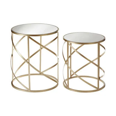 Set Of 2 Gold Champagne Flowing Swirl Metal Frame Side Tables With Mirrored Glass Tops, Avantis