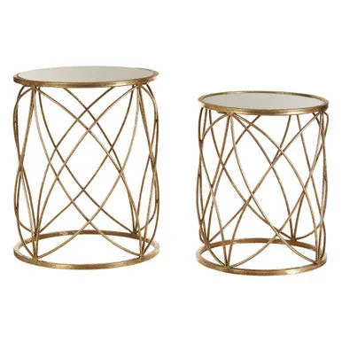 Set Of 2 Round Mirrored Glass Top Side Tables With Gold Metal Frame, Arcana