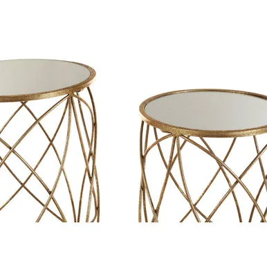 Set Of 2 Round Mirrored Glass Top Side Tables With Gold Metal Frame, Arcana