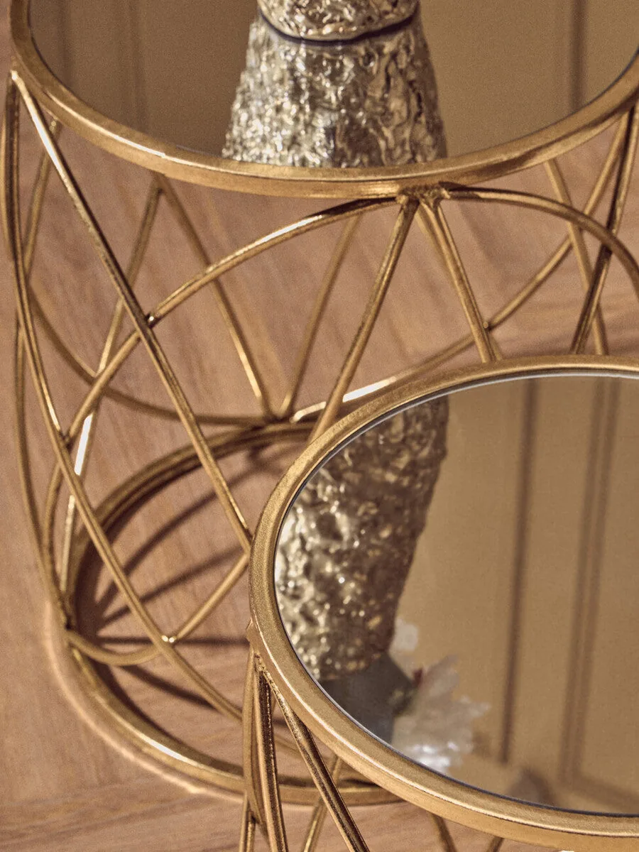 Set Of 2 Round Mirrored Glass Top Side Tables With Gold Metal Frame, Arcana