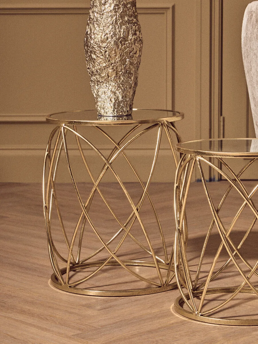 Set Of 2 Round Mirrored Glass Top Side Tables With Gold Metal Frame, Arcana