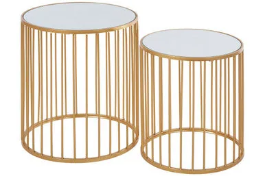 Set Of 2 Mirror Top Round Side Tables With Gold Frame, Avantis