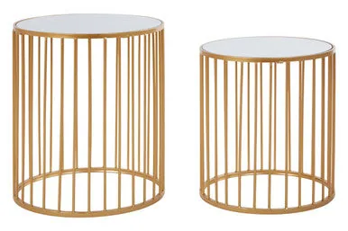 Set Of 2 Mirror Top Round Side Tables With Gold Frame, Avantis