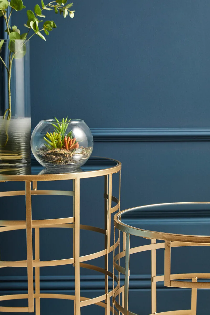Set Of 2 Gold Champagne Art Deco Metal Base Side Tables With Mirrored Glass Tops, Avantis