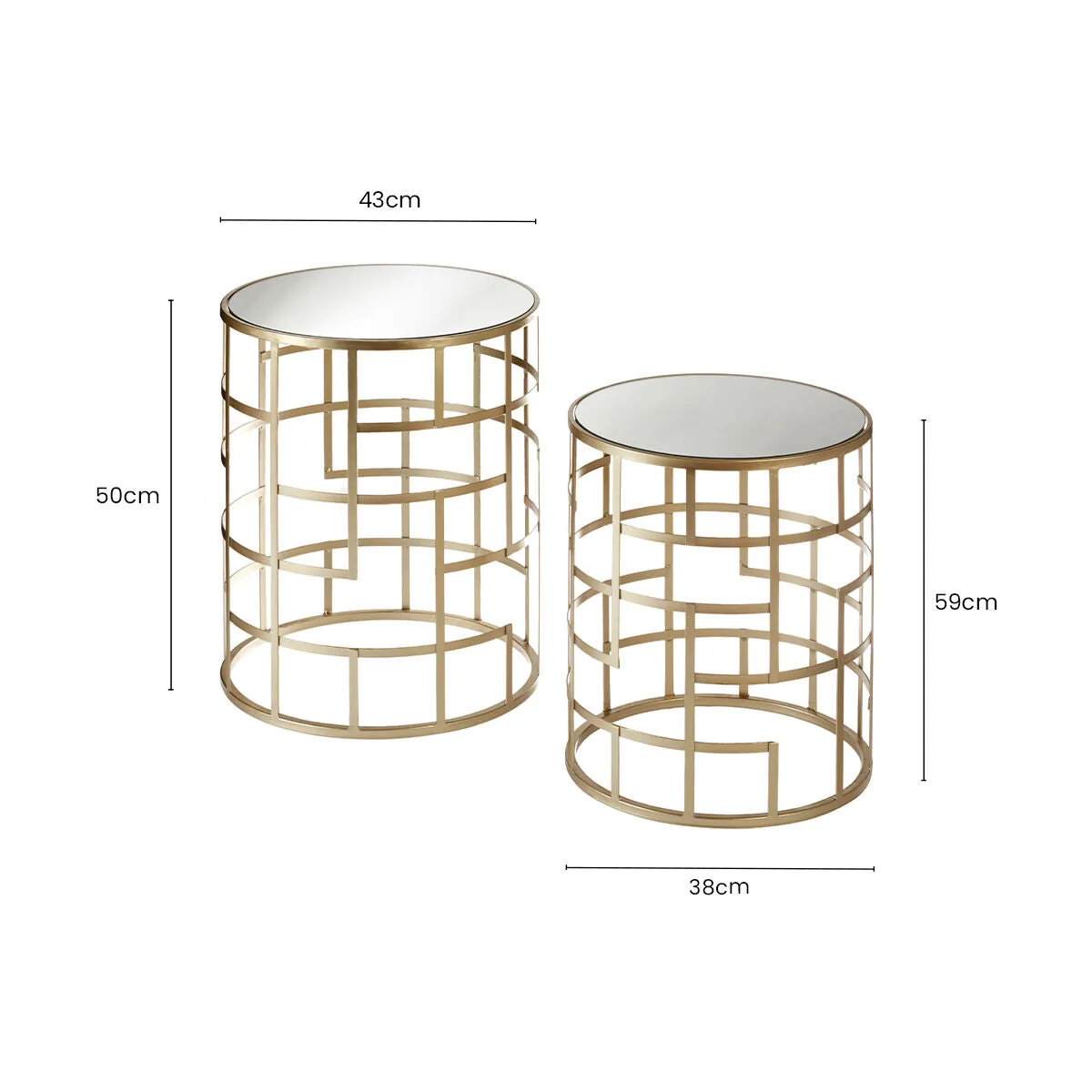 Set Of 2 Gold Champagne Art Deco Metal Base Side Tables With Mirrored Glass Tops, Avantis