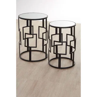 Set Of 2 Black Square Metal Frames Nesting Tables With Mirrored Tops, Avantis