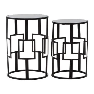 Set Of 2 Black Square Metal Frames Nesting Tables With Mirrored Tops, Avantis