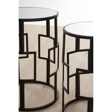 Set Of 2 Black Square Metal Frames Nesting Tables With Mirrored Tops, Avantis