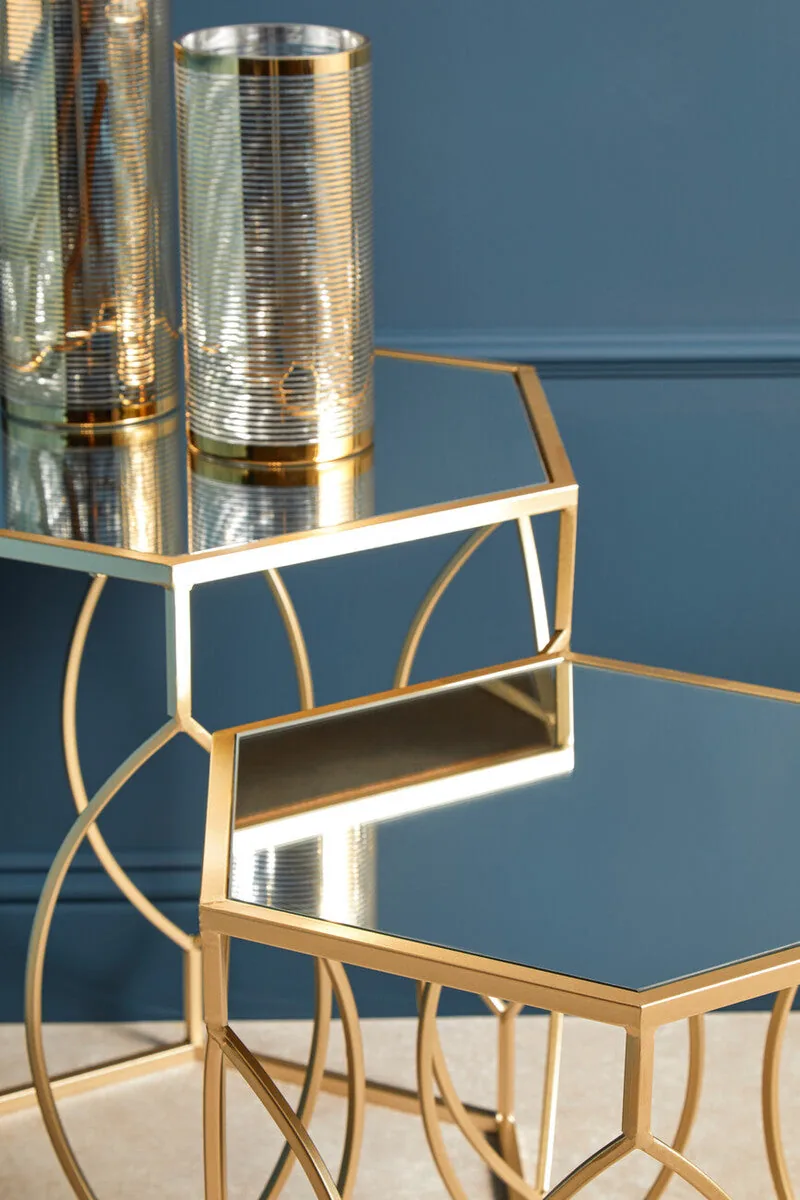 Set Of 2 Hexagon Gold Champagne Frame Side Tables With Mirrored Glass Top, Avantis
