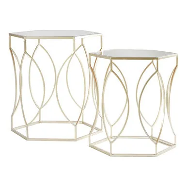 Set Of 2 Hexagon Gold Champagne Frame Side Tables With Mirrored Glass Top, Avantis