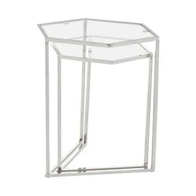 Silver Geometric Steel Side Table With Mirrored Glass Top, Herber