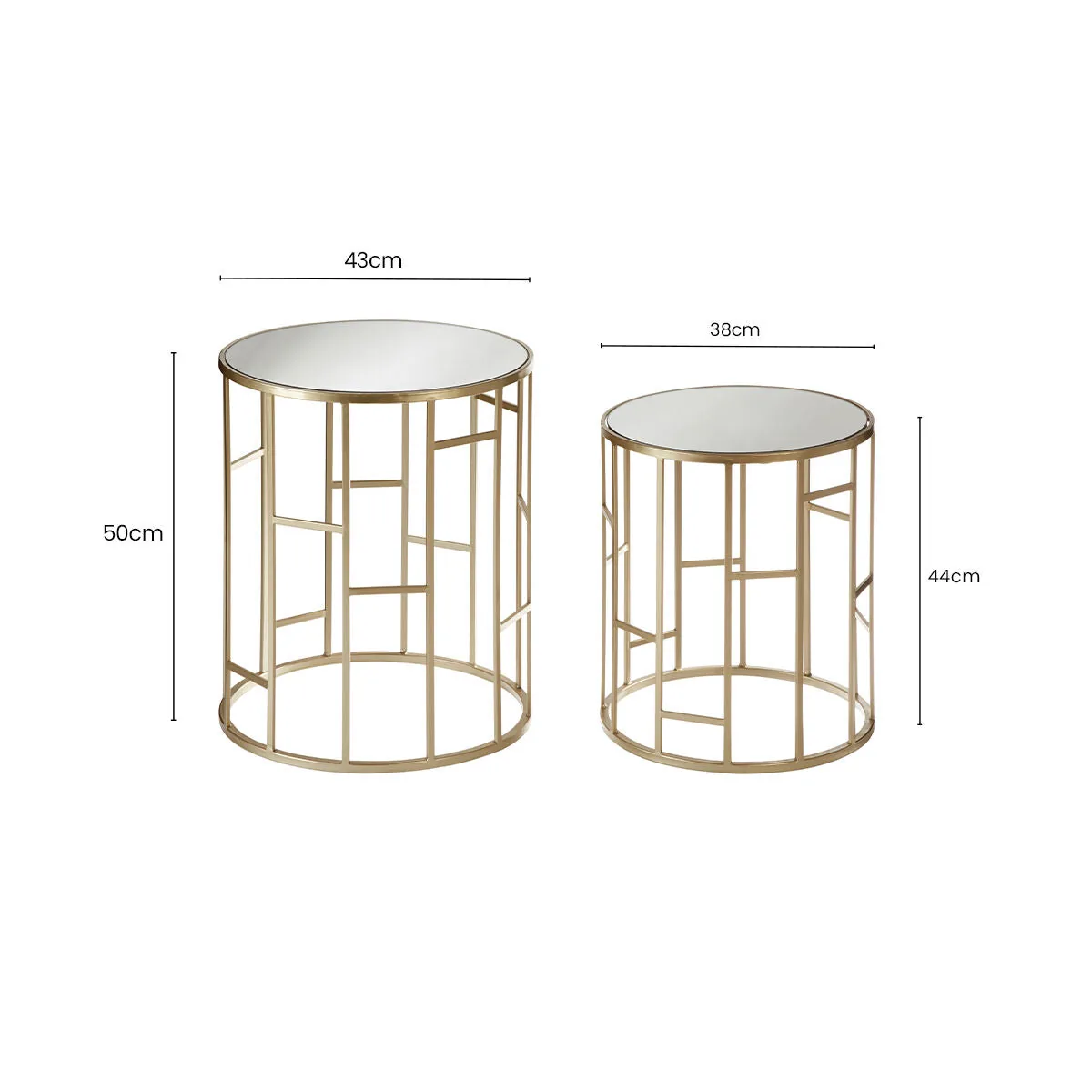 Set Of 2 Gold Champagne Asymmetric Round Side Tables With Mirrored Glass Tops, Avantis