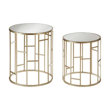 Set Of 2 Gold Champagne Asymmetric Round Side Tables With Mirrored Glass Tops, Avantis