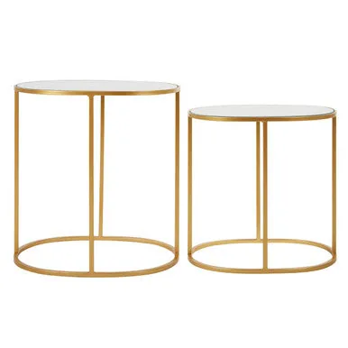 Set Of 2 Mirrored Glass Oval Top Side Tables With Gold Metal Frame, Avantis
