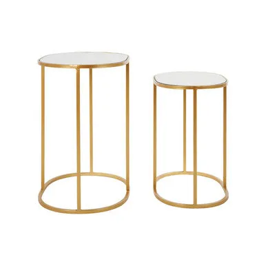 Set Of 2 Mirrored Glass Oval Top Side Tables With Gold Metal Frame, Avantis