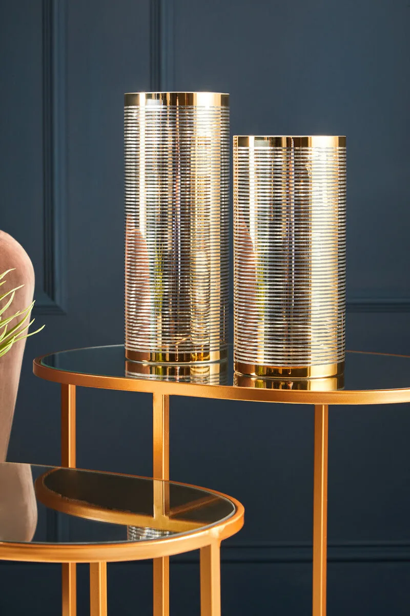 Set Of 2 Mirrored Glass Oval Top Side Tables With Gold Metal Frame, Avantis