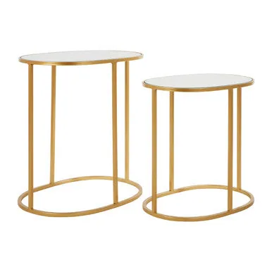 Set Of 2 Mirrored Glass Oval Top Side Tables With Gold Metal Frame, Avantis