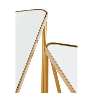 Set Of 2 Mirrored Glass Triangle Top Side Tables With Gold Hairpin Legs, Avantis