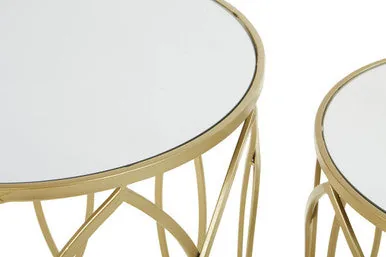Set Of 2 Mirrored Glass Top & Gold Champagne Metal Frame Side Tables, Avantis