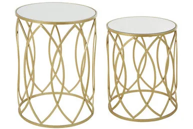 Set Of 2 Mirrored Glass Top & Gold Champagne Metal Frame Side Tables, Avantis