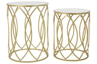 Set Of 2 Mirrored Glass Top & Gold Champagne Metal Frame Side Tables, Avantis